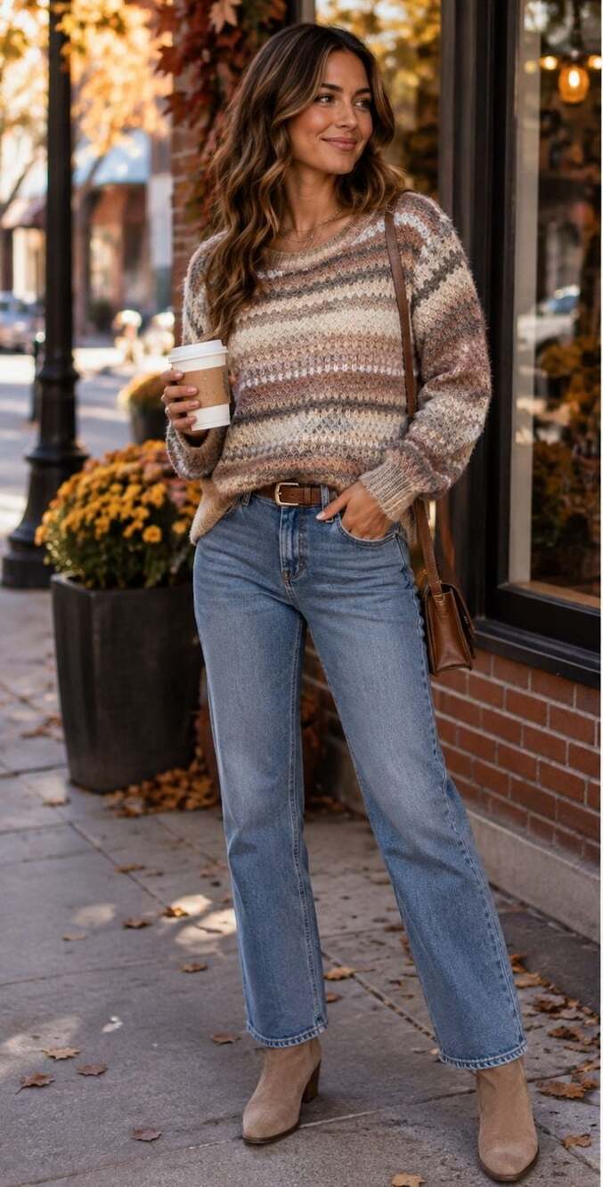 St. John’s Bay Petite Large Brown Cream Striped Textured Knit Sweater
